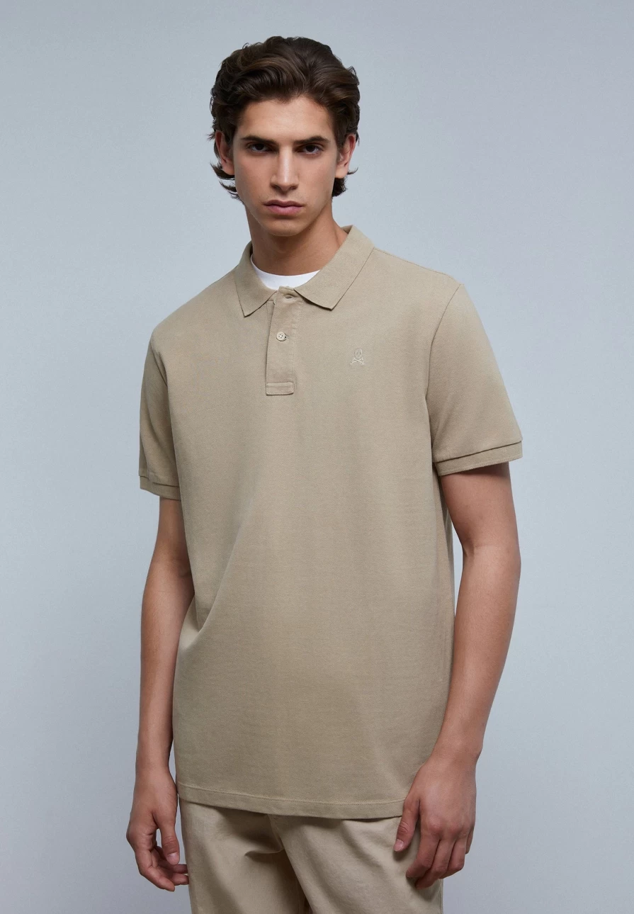 "ScalpersCompany Men's Beige Basic Polo Shirt with Skull Design - Casual Fashion Top"
