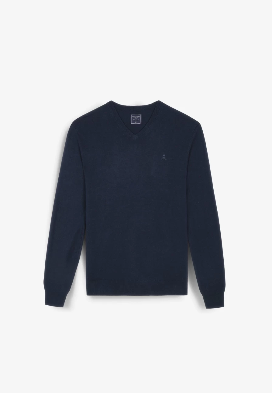 "ScalpersCompany Men's Navy Skull Print V-Neck Sweater"