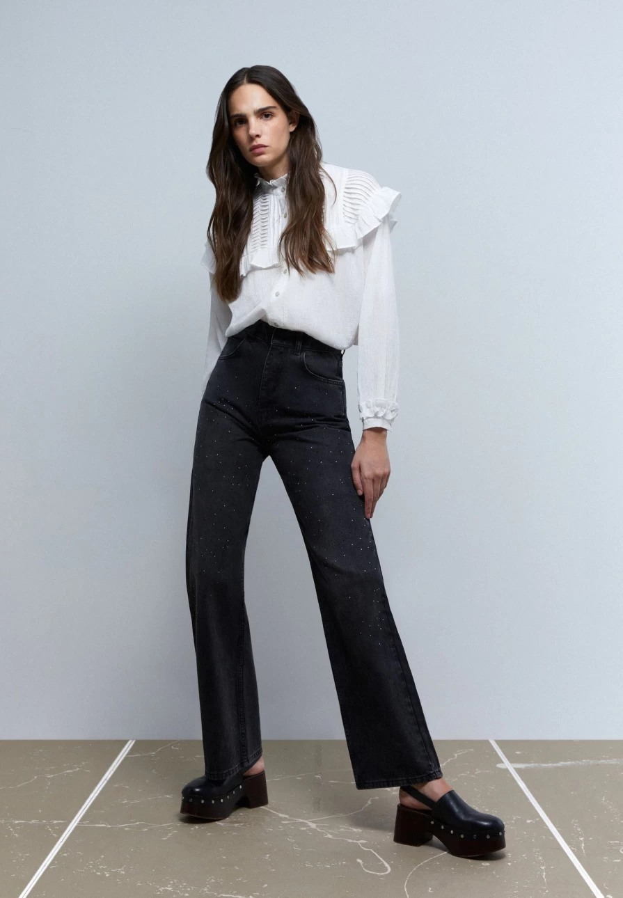 "Scalpers Women's Wide Leg Glitter Jeans | Stylish Sparkly Denim Pants"