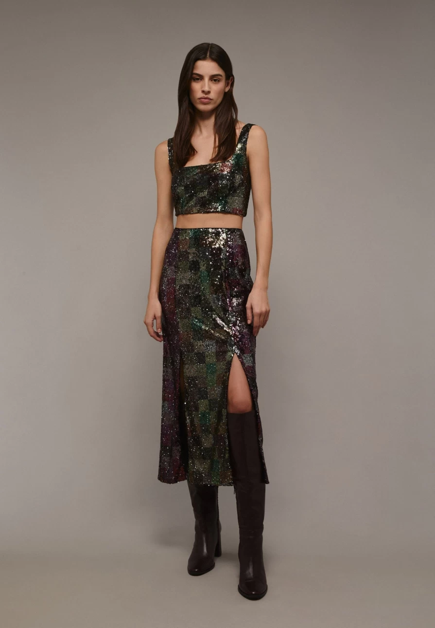 "ScalpersCompany Women's Sparkly Sequined Midi Skirt with High Slit Party Wear"