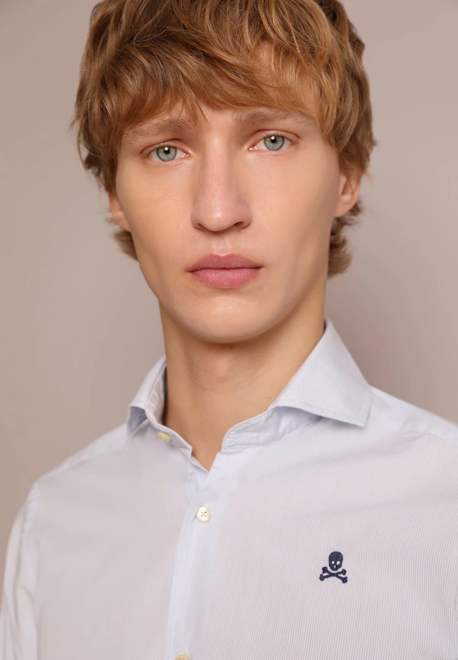 "ScalpersCompany Men's Sky Blue Striped Skull Print Contrast Shirt"