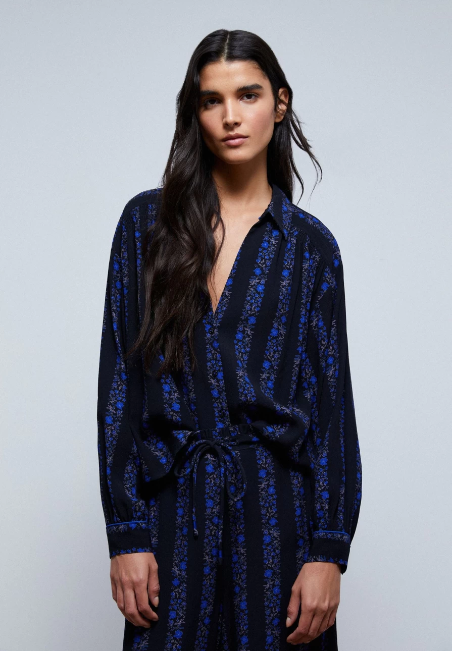 "ScalpersCompany Women's Blue Floral Striped Blouse - Stylish Feminine Top"