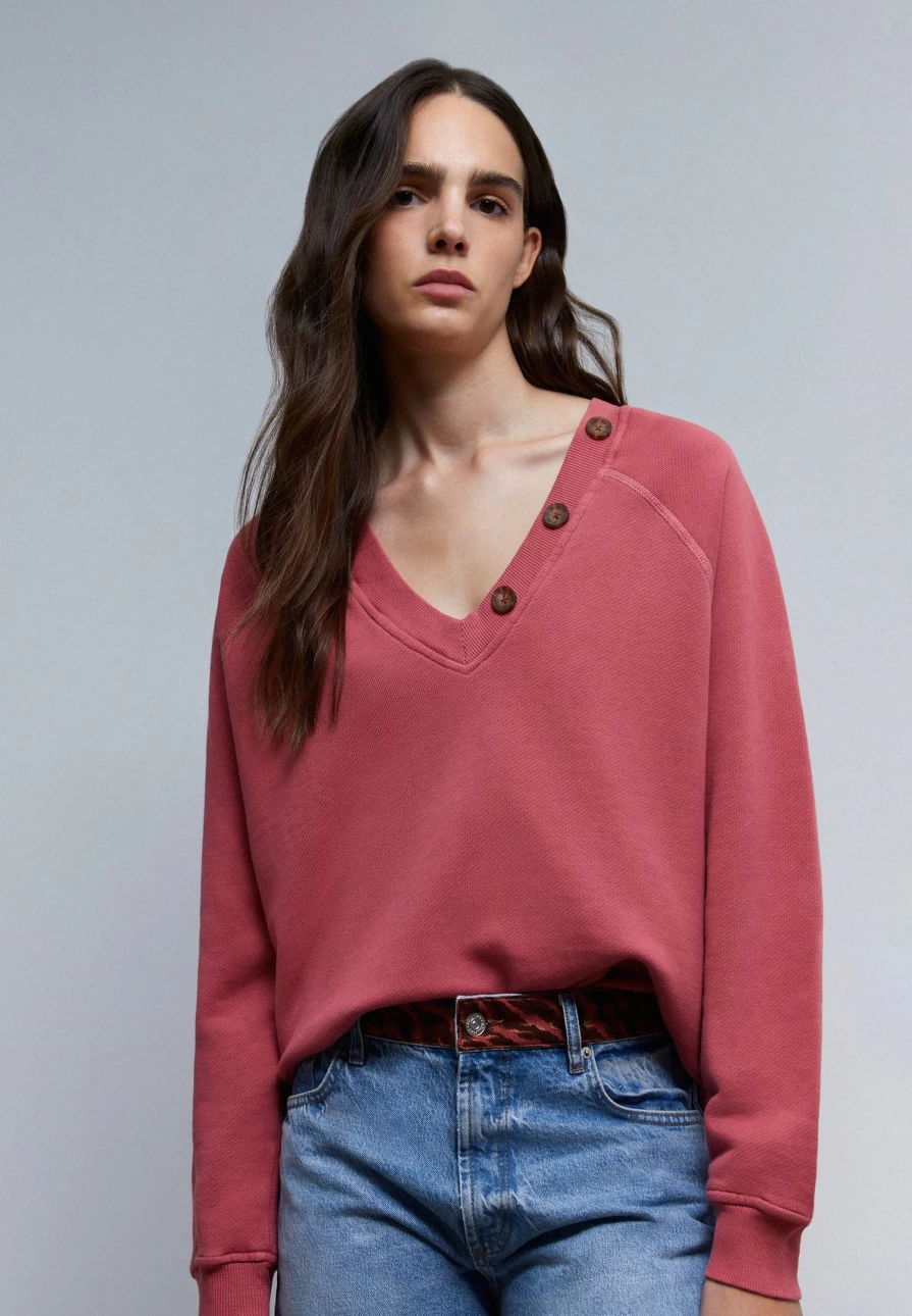 "ScalpersCompany Women's Raspberry Buttoned Neck Sweatshirt - Stylish Casual Pullover"