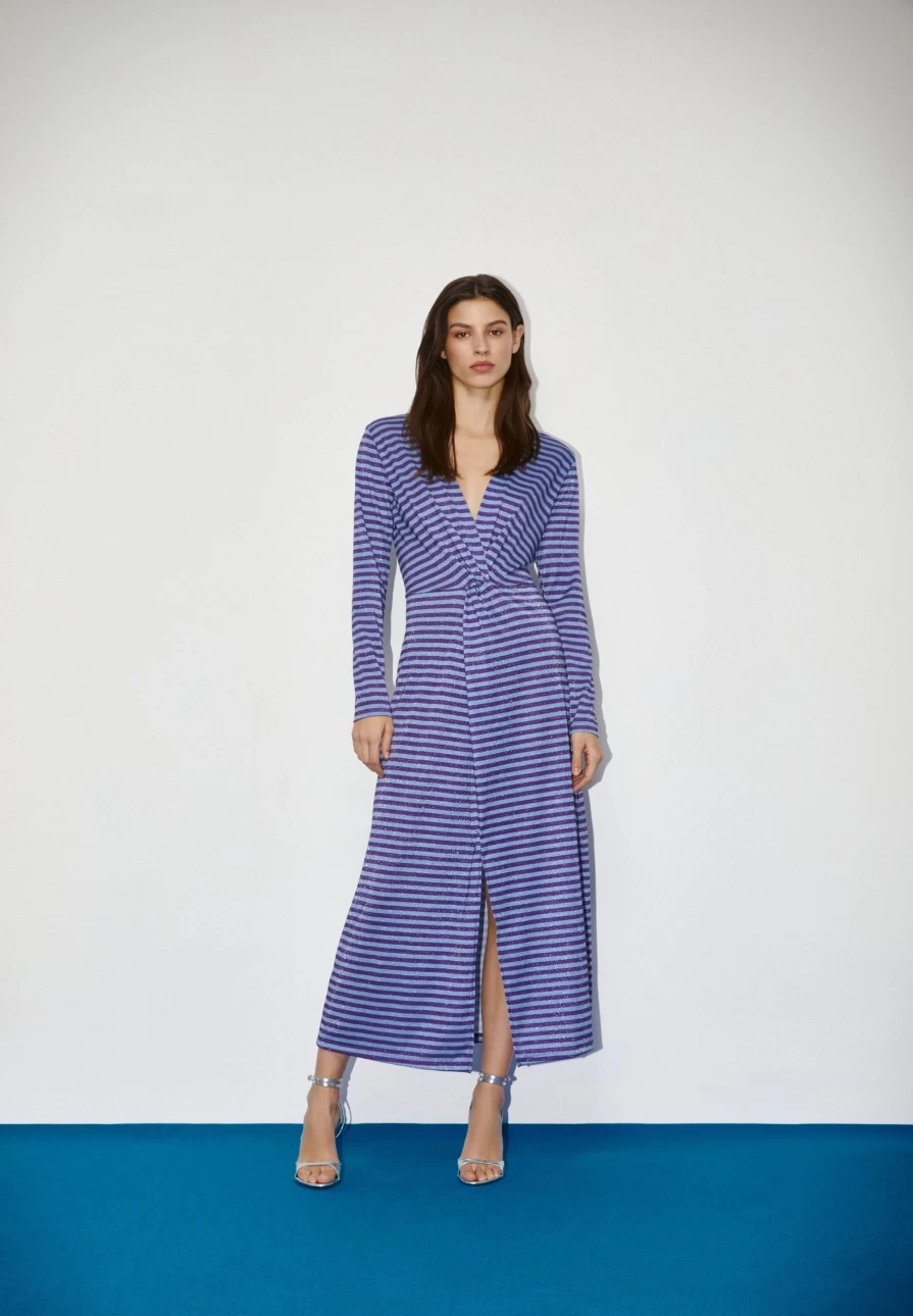 "ScalpersCompany Women's Blue Stripes Knot Lurex Striped Dress"
