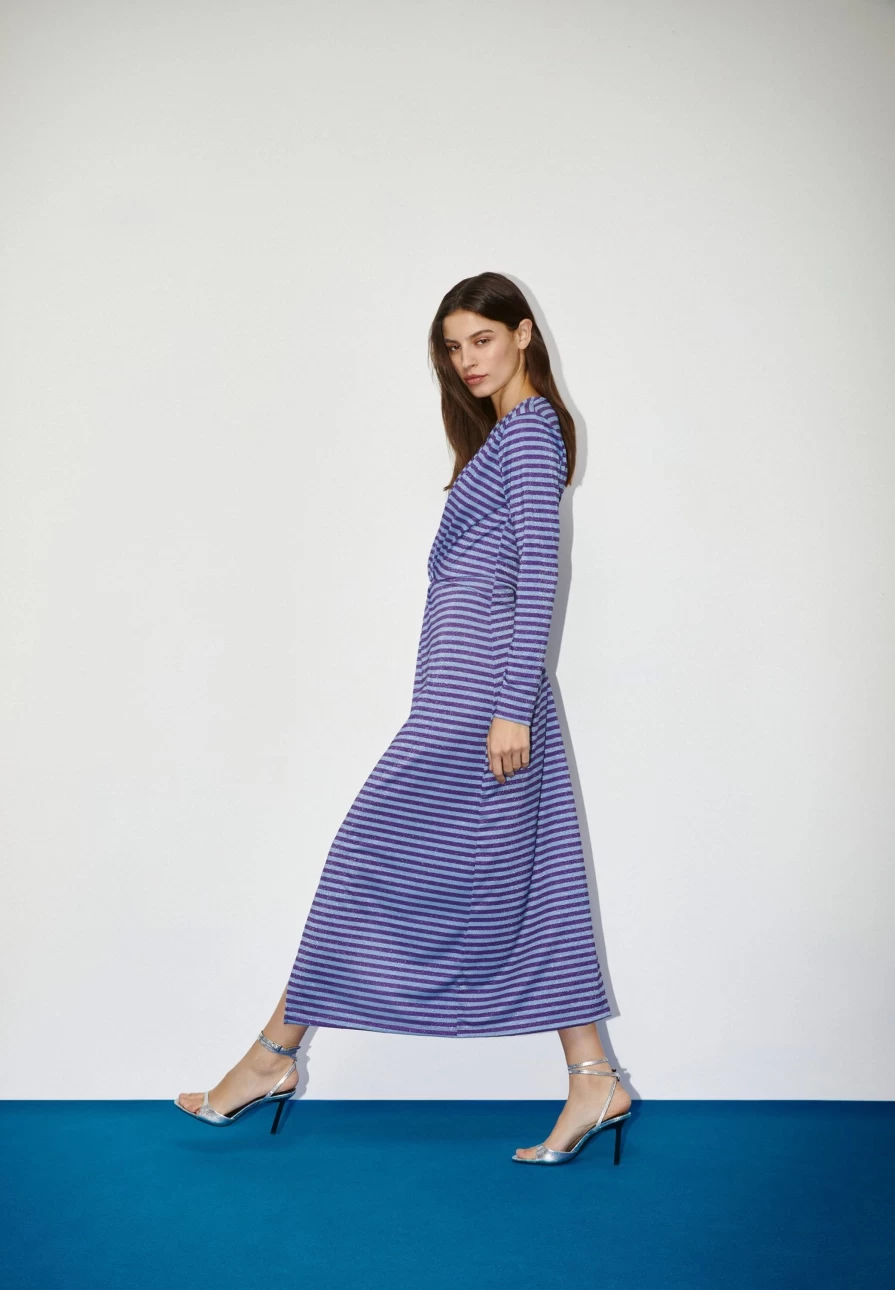 "ScalpersCompany Women's Blue Stripes Knot Lurex Striped Dress"