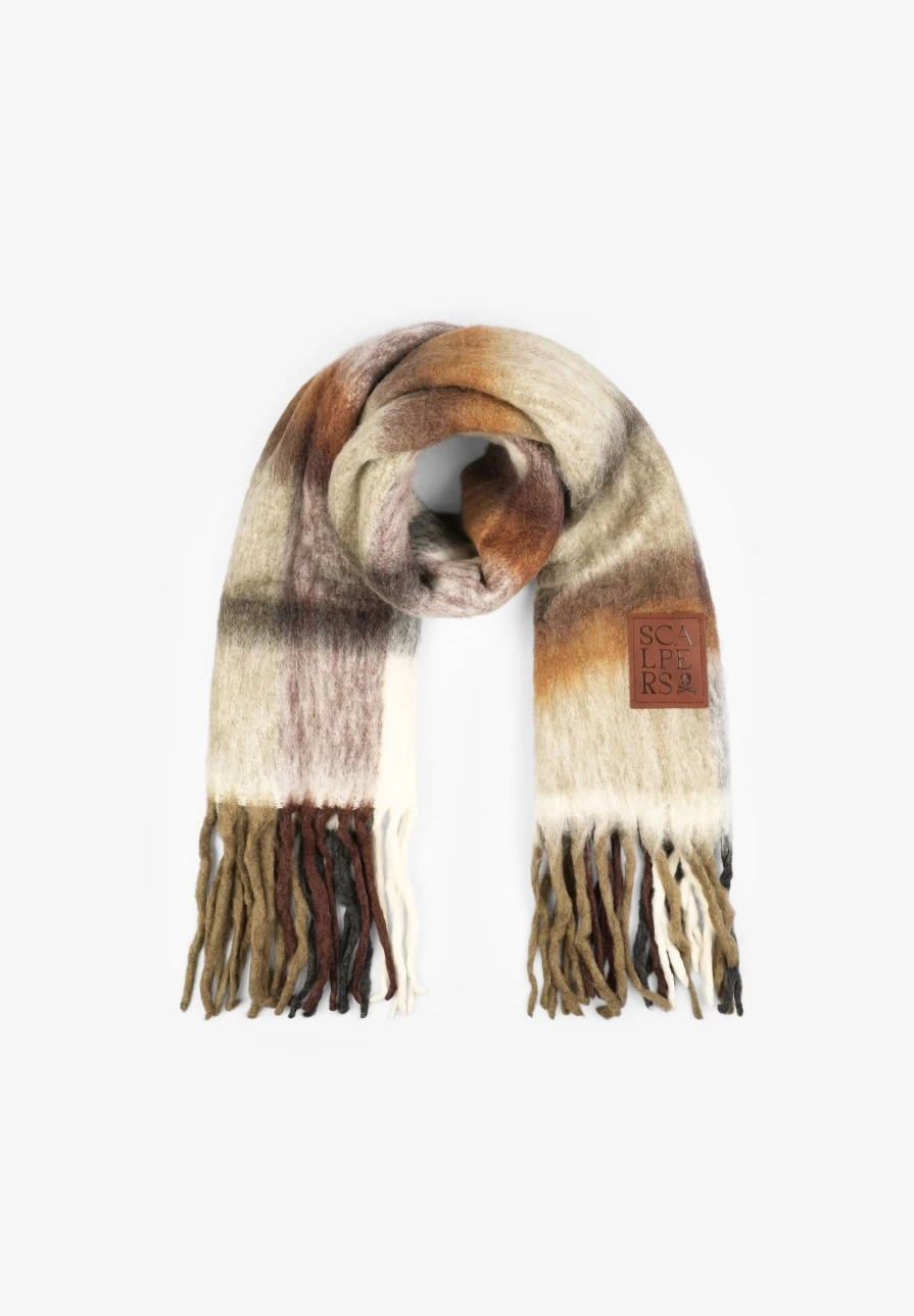 "ScalpersCompany Women's Fringed Scarf with Embroidered Logo Label – Stylish & Soft Fashion Accessory"