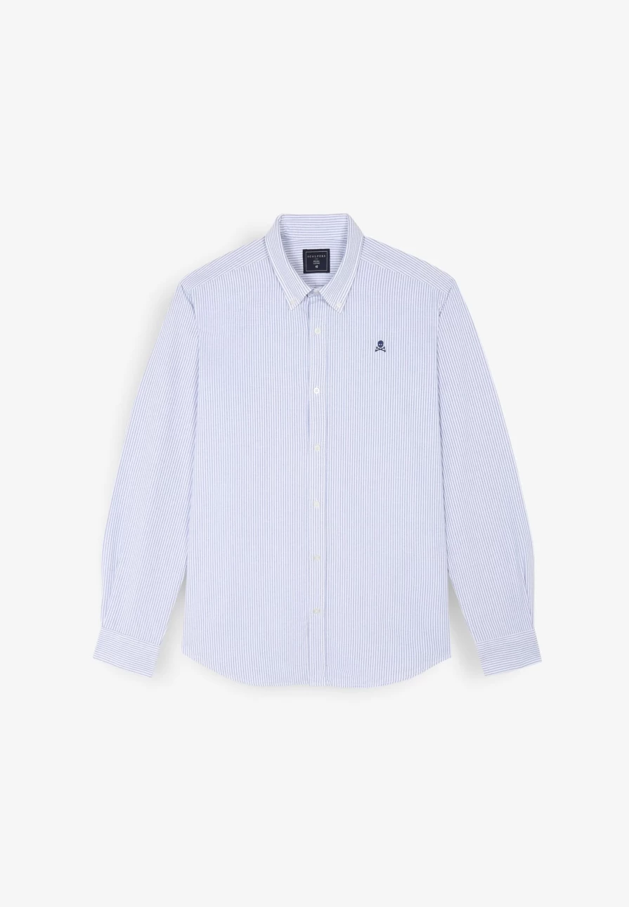 "ScalpersCompany Men's Sky Blue Striped Oxford Shirt with Skull Print Design"