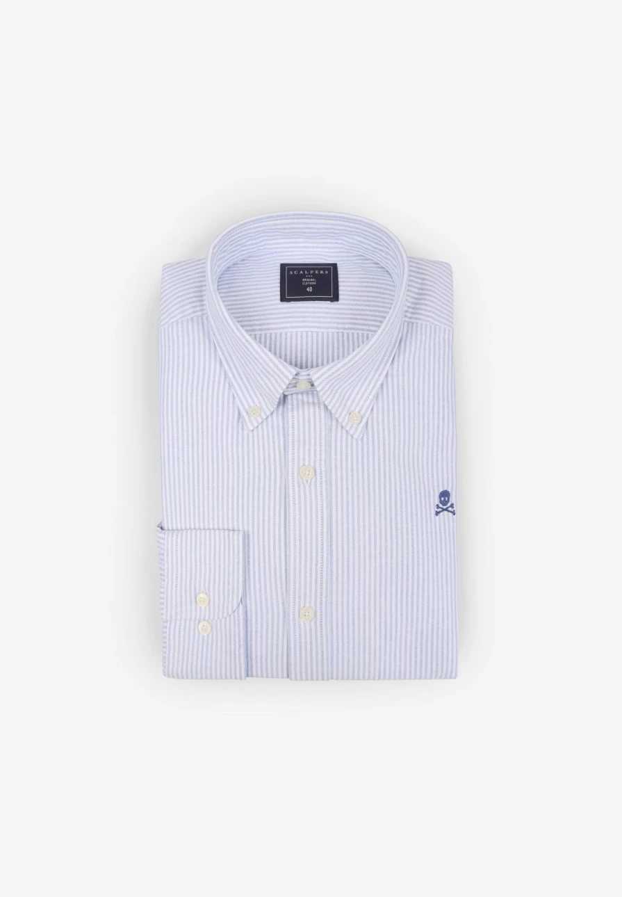 "ScalpersCompany Men's Sky Blue Striped Oxford Shirt with Skull Print Design"