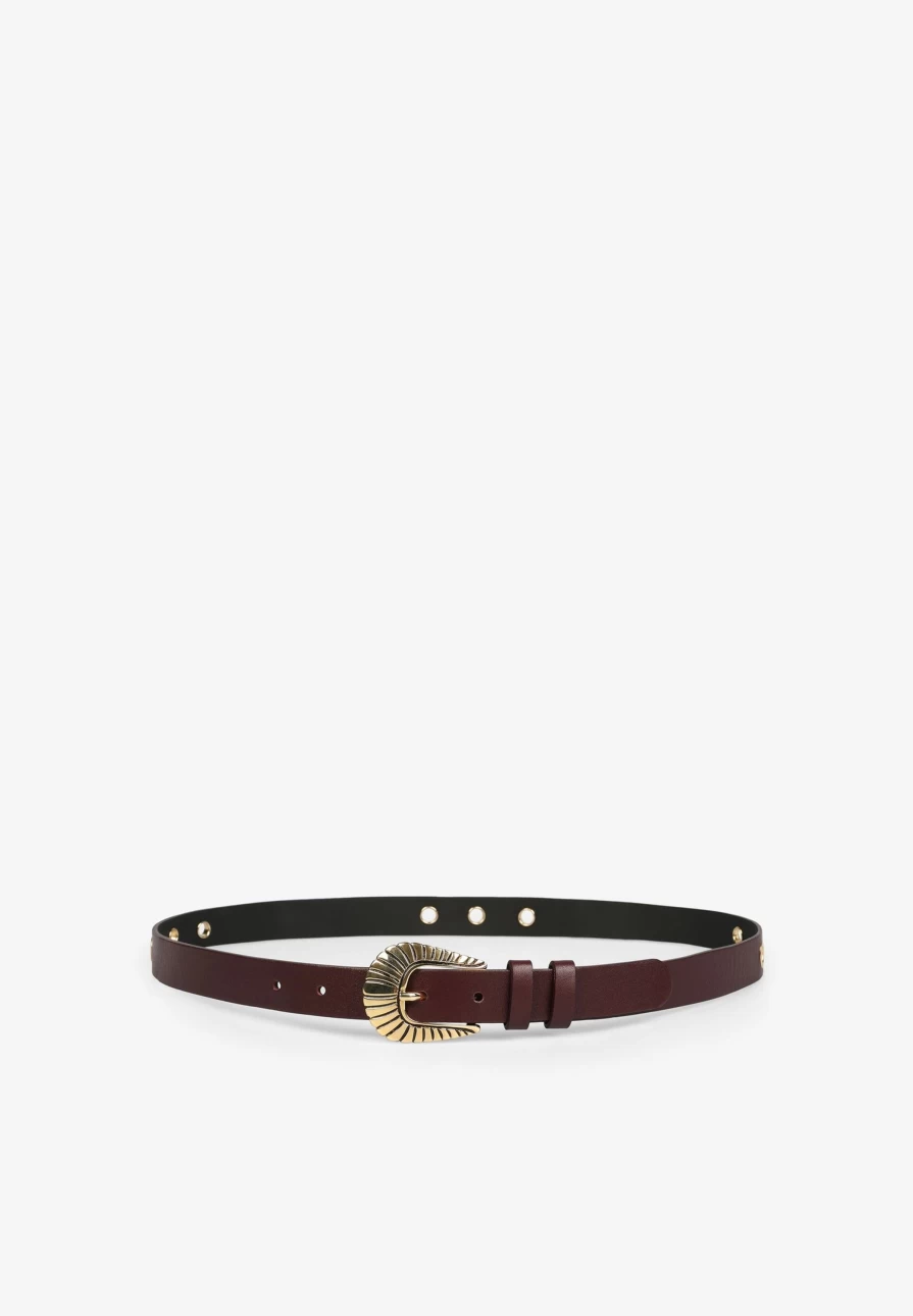 "ScalpersCompany Women's Burgundy Leather Belt with Decorative Buckle Detail"