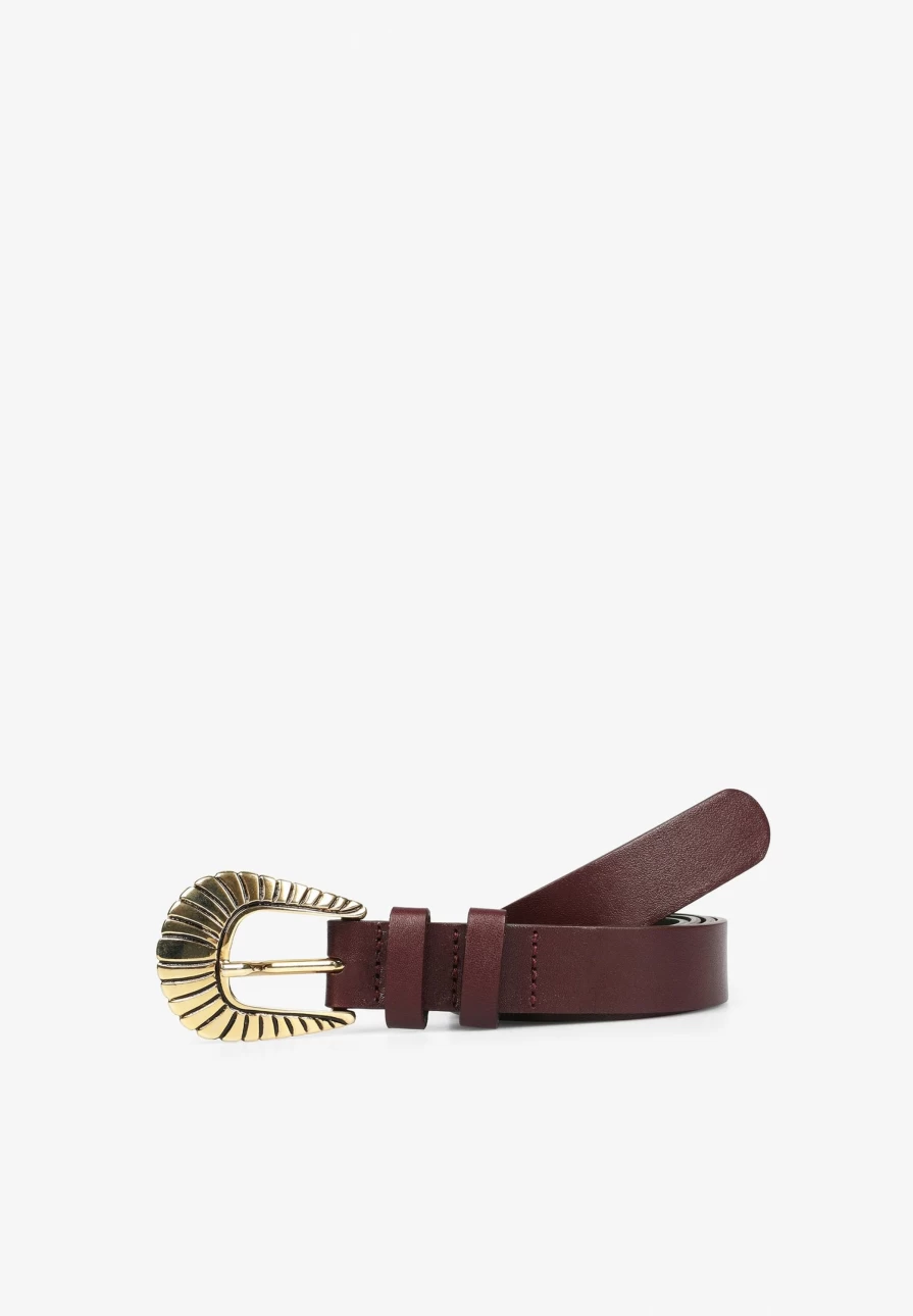 "ScalpersCompany Women's Burgundy Leather Belt with Decorative Buckle Detail"