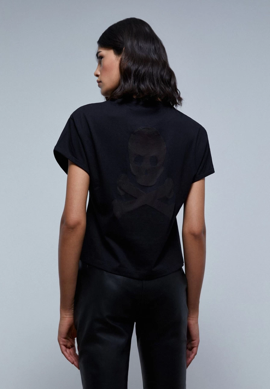 "ScalpersCompany Women's Black Slub Knit Skull Print T-Shirt"