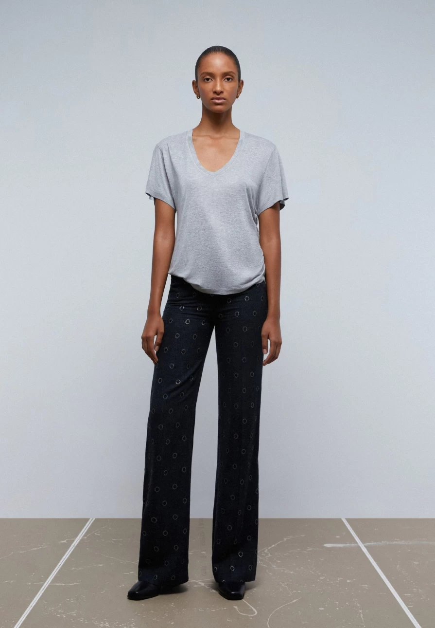 "ScalpersCompany Women's Grey Melange Side Gathered Lurex T-Shirt | Stylish Glam Top"