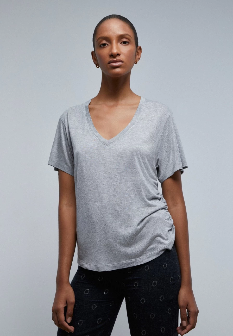 "ScalpersCompany Women's Grey Melange Side Gathered Lurex T-Shirt | Stylish Glam Top"