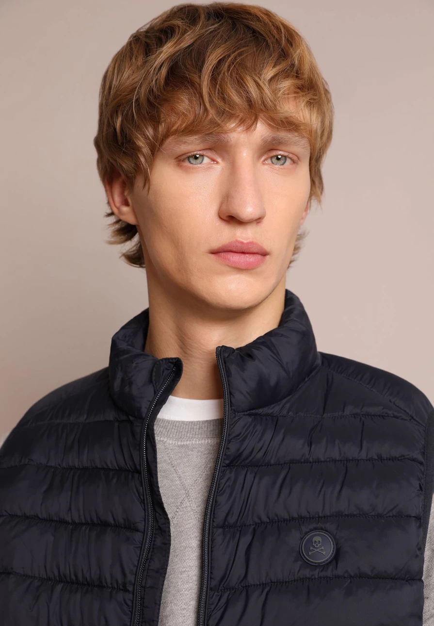 "Men's Navy Skull Print Puffer Vest – ScalpersCompany Warm Quilted Jacket"